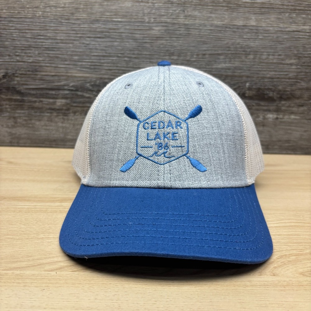 Cedar Lake Hat Cap Snap Back Blue Gray Trucker Mesh Oars Boating Cap America